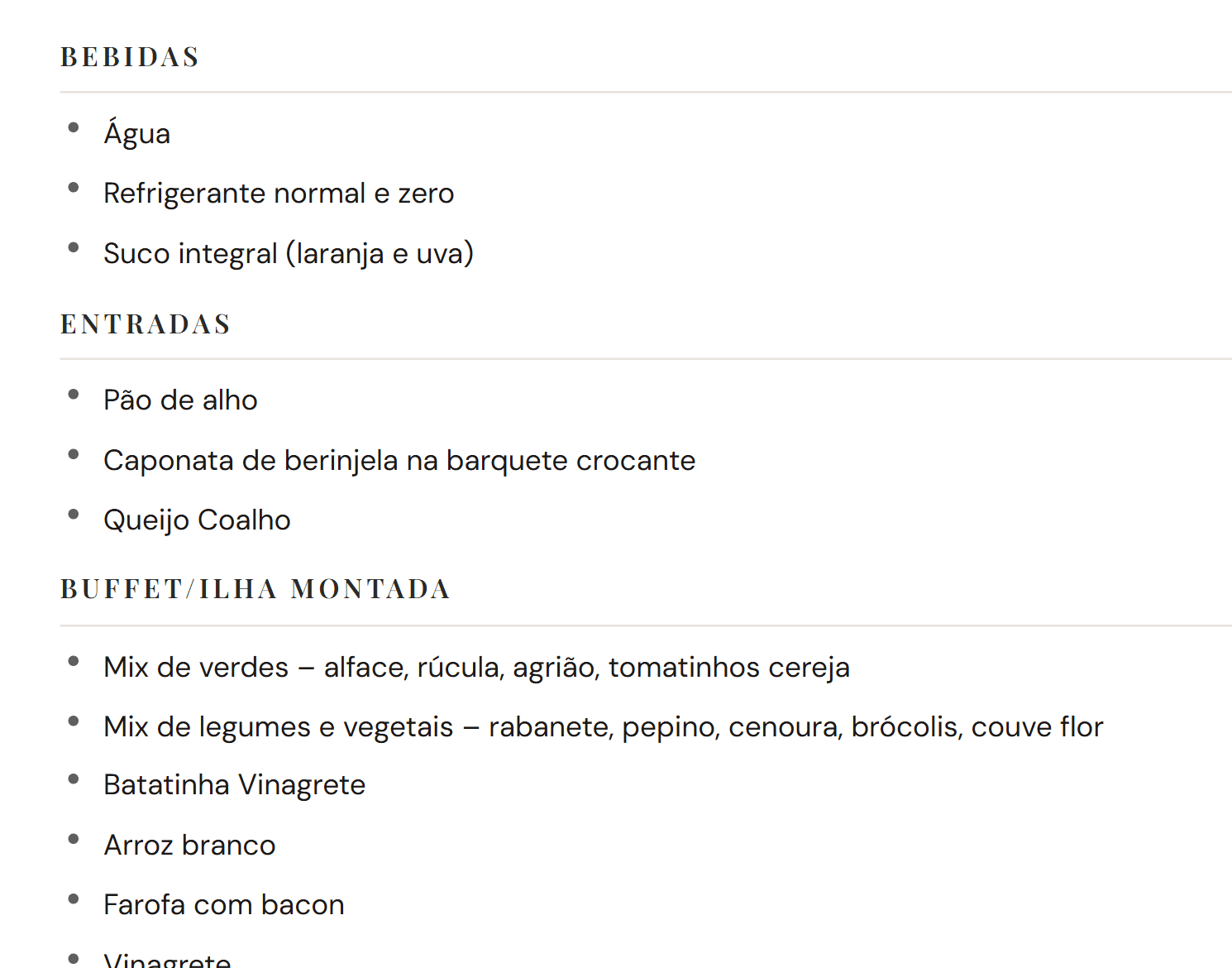 Trecho do cardápio na proposta: bebidas, entradas e buffet montado, item por item