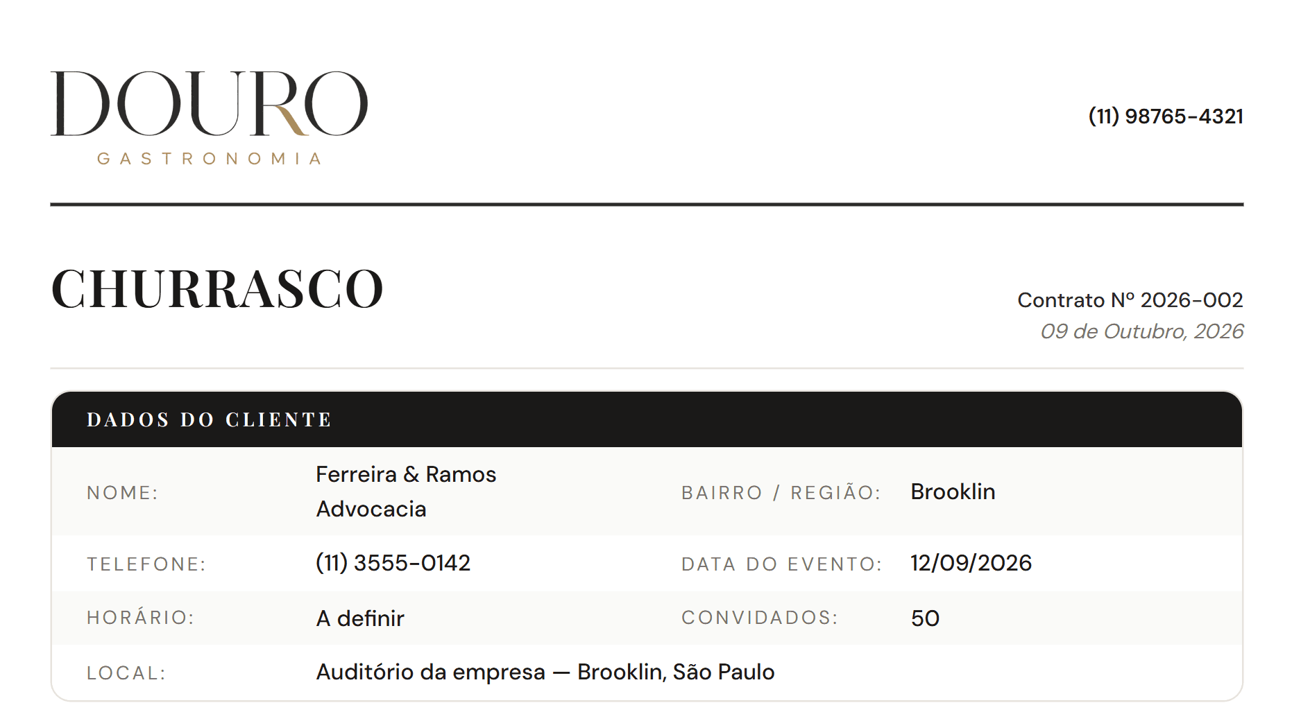 Topo da proposta: logo do buffet, telefone, nome do cardápio, número do contrato e a tabela de dados do cliente